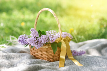 Wicker basket with lilac flowers on blanket outdoors, closeup