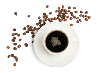 Aromatic coffee in cup and beans isolated on white, top view