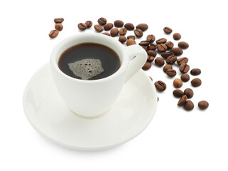 Aromatic coffee in cup and beans isolated on white
