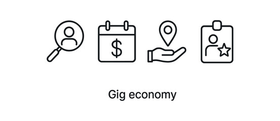 Fototapeta premium Gig economy icons: search, calendar, location, badge vector line icon illustration