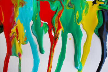 Colorful paint dripping. Blue, green, red, yellow. Abstract background with acrylic or oil paints on canvas. 