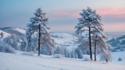 Majestic Winter Landscape Snow-Covered Pines on a Serene Hilltop at Dawn
