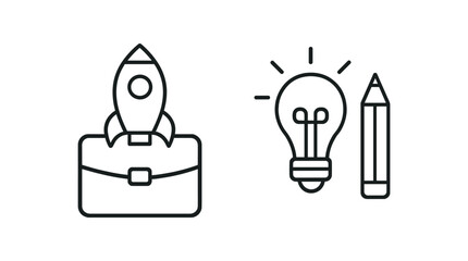 Startup concept icons: rocket and briefcase with lightbulb and pencil vector line icon illustration