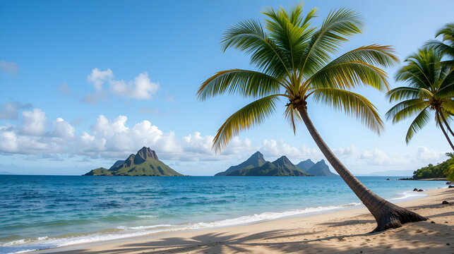 palm tree in tropical Lanikai Beach Kailua Hawaii with twin islands the mokes