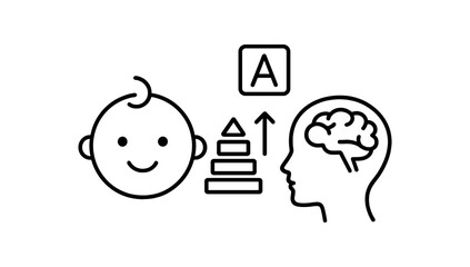 Child cognitive development symbol: baby, brain, learning icons vector line icon illustration