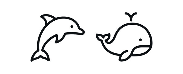 Fototapeta premium Simple dolphin and whale line art symbols on white background vector line icon illustration