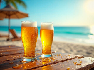 Chilled beers on wooden table with tropical sea view