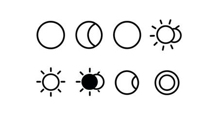 Solar and lunar eclipse symbols set with sun and moon phases vector line icon illustration