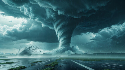 Fototapeta na wymiar Powerful tornado twisting through cloudy sky over a rural landscape with rain