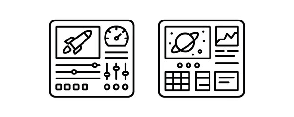 Space exploration instrument panels with rocket and planet icons vector line icon illustration