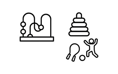 Children's toys icons: bead maze, stacking rings, sports equipment silhouette vector line icon illustration