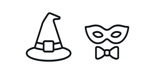 Halloween witch hat and mask with bow tie outline illustration vector line icon illustration