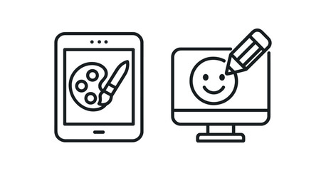 Digital art tools icon set: tablet and computer with drawing features vector line icon illustration