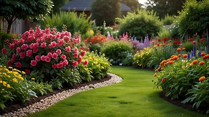 Fototapeta premium Vibrant Garden Landscape: A Summer's Day in Bloom