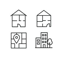 Minimalist house and city icons with map and floor plan symbols vector line icon illustration