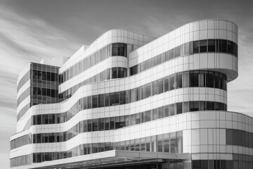 Modern, curving architectural facade in black and white