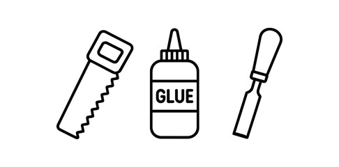 Outline icons of saw, glue bottle, and chisel on white background vector line icon illustration