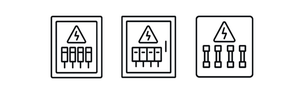 Electrical fuse box icons with safety warning symbols vector line icon illustration