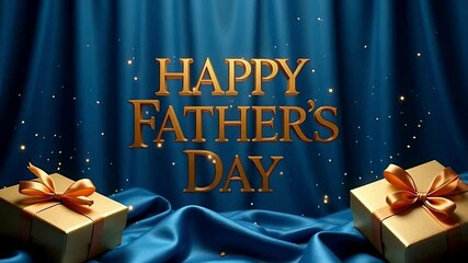 Celebrate Father's Day with heartfelt wishes and elegant gold gifts presented on rich blue satin fabric under sparkling lights a perfect festive background