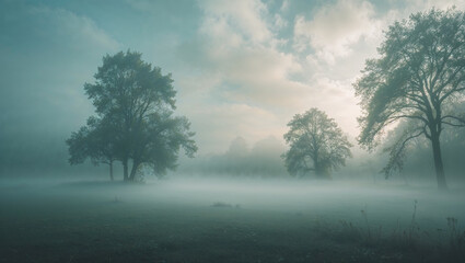 Obraz premium Serene forest landscape with atmospheric fog and silhouetted trees under cloudy skies