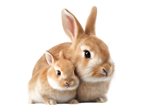 mother rabbit protecting her baby rabbits isolated on a transparent background