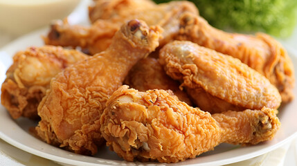 A plate of perfectly fried chicken pieces, their crispy exterior contrasted with the tender, juicy interior. Set against a rustic wooden background, Generative AI