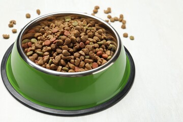 Dry pet food in feeding bowl on light background, closeup