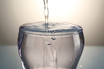 Pouring water into glass on gray gradient background, closeup