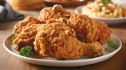A plate of perfectly fried chicken pieces, their crispy exterior contrasted with the tender, juicy interior. Set against a rustic wooden background, Generative AI