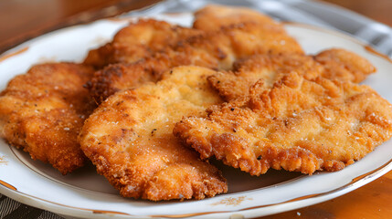 A beautifully presented plate of Wiener schnitzel with a crispy golden breadcrumb crust, served with lemon slices, isolated on a transparent background, Generative AI