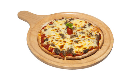 Mixed Mushroom Truffle Pizza on Wooden Tray, Topped with Cherry Tomato and Parsley