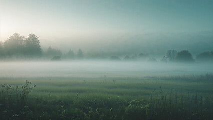 Fototapeta premium Serene misty morning landscape with trees and green fields in a peaceful environment