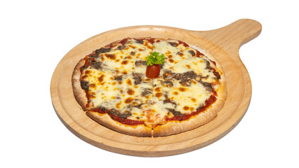 Mixed Mushroom Truffle Pizza on Wooden Tray, Topped with Cherry Tomato and Parsley
