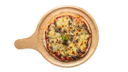 Mixed Mushroom Truffle Pizza on Wooden Tray, Topped with Cherry Tomato and Parsley