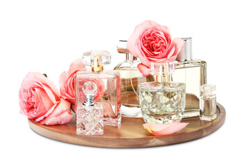 Many different perfume bottles and roses isolated on white