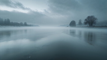 Fototapeta premium Serene misty river landscape depicting tranquil beauty with reflected sky and trees