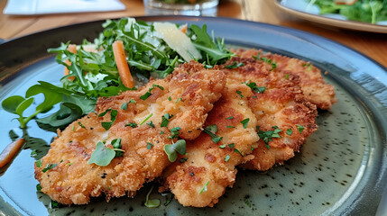 A beautifully presented plate of Wiener schnitzel with a crispy golden breadcrumb crust, served with lemon slices, isolated on a transparent background, Generative AI