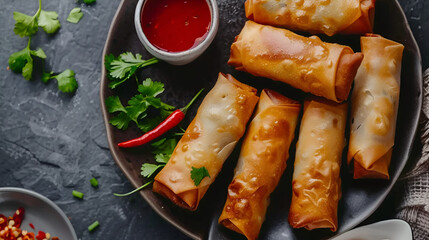 Golden fried spring rolls with crispy outer shell vegetable filling delicious appetizer snack food isolated on white background, Generative AI