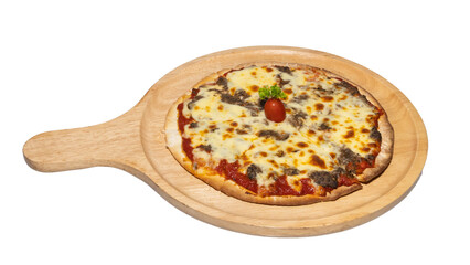 Mixed Mushroom Truffle Pizza on Wooden Tray, Topped with Cherry Tomato and Parsley