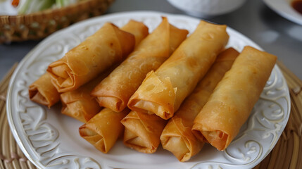 Golden fried spring rolls with crispy outer shell vegetable filling delicious appetizer snack food isolated on white background, Generative AI