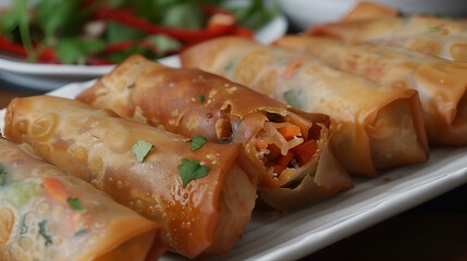 Golden fried spring rolls with crispy outer shell vegetable filling delicious appetizer snack food isolated on white background, Generative AI