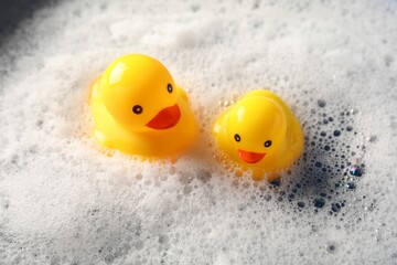 Cute rubber ducks floating in water with foam, closeup