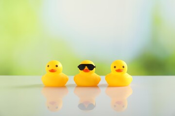 Three cute rubber ducks on table against blurred background