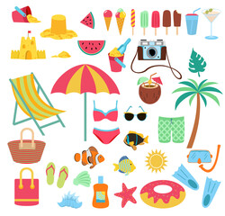 Flat style summer and beach elements set. Summer time icon. Summer vacation set. Sea and ocean recreation attributes