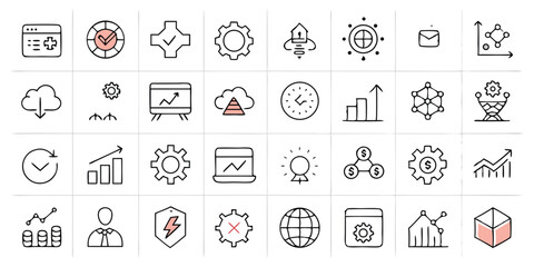 Business and technology icons collection illustrating progress and concepts on white background
