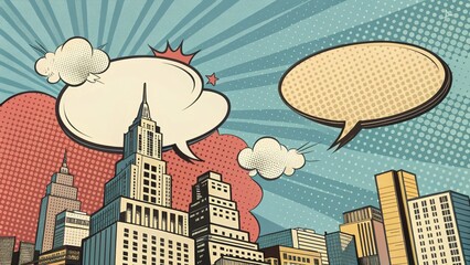 Creative comic style cityscape with speech bubbles urban setting digital art vibrant colors