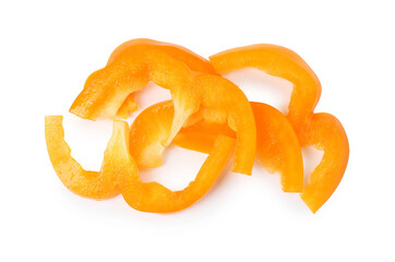 Slices of fresh orange bell peppers isolated on white, top view