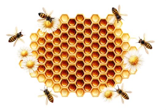 Honeycomb with bees and daisies isolated on a white background