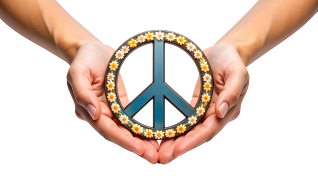 Open hands gently holding a glowing peace sign, isolated on transparent background.