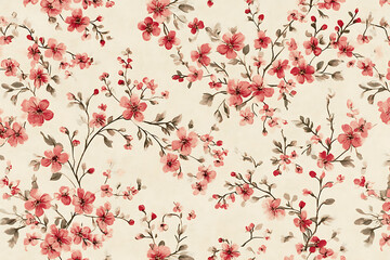Seamless vintage floral pattern with pink cherry blossoms on beige background. Ideal for fabric design, wallpaper, packaging, wedding decor, textile prints, or romantic-themed stationery.